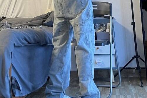 Stacked denim jeans men's